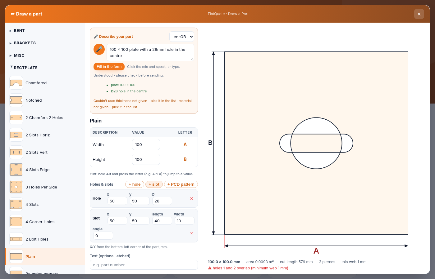 FlatQuote Draw a Part with a described plate, sizes and a hole and slot