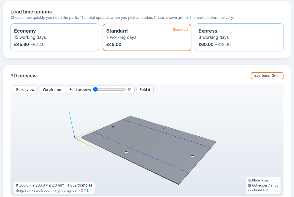 Customer quote link with lead time options and a 3D fold preview of a demo tray