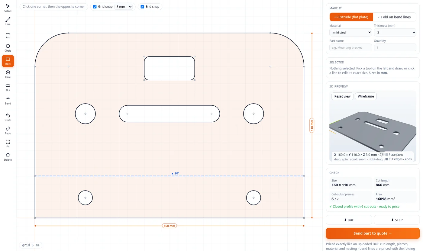 ZipCAD drawing a plate with holes and a slot