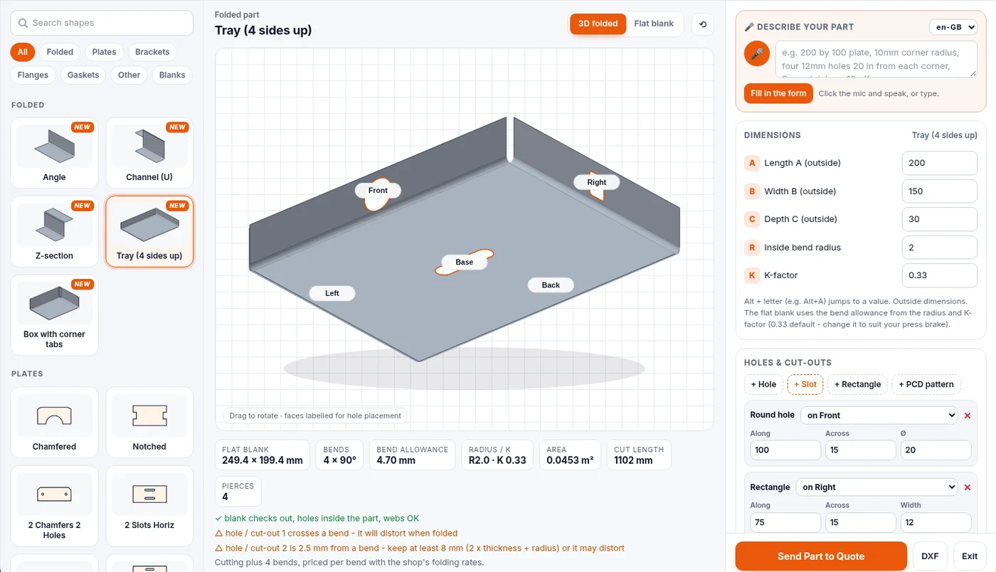 FlatQuote ZipPART building a folded tray in 3D