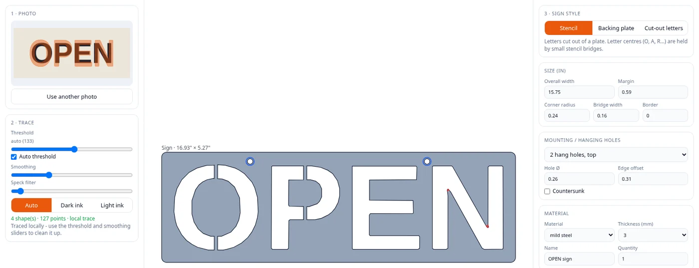 ZipPhoto tracing an OPEN sign into a stencil