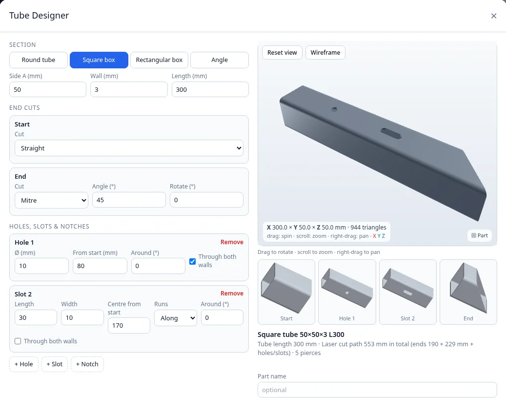 TubeQuote Tube Designer with a live 3D preview of a square tube