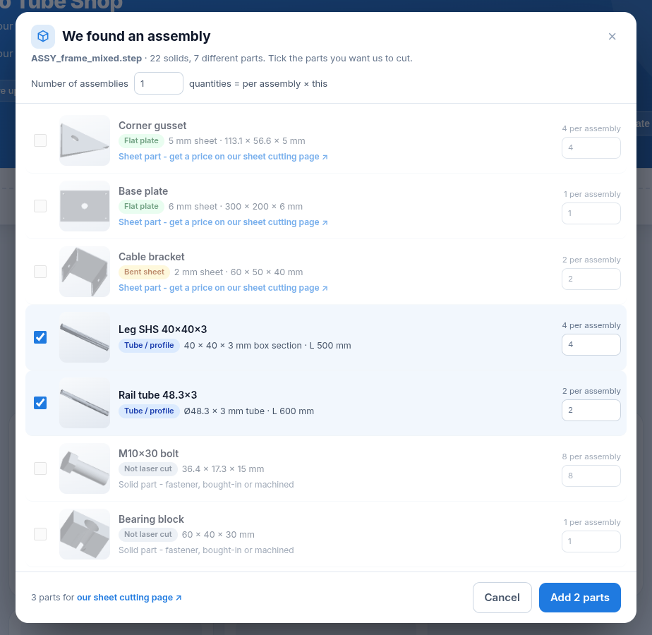 Assembly review listing the parts found in a demo STEP assembly