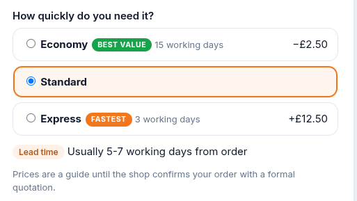 Economy, Standard and Express lead time choice