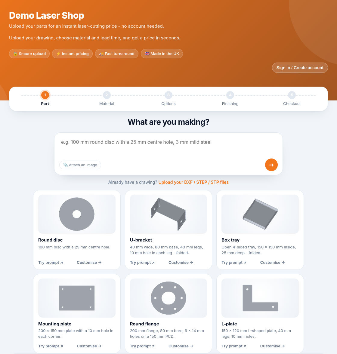 Storefront start page with step tracker, describe-your-part box and part templates