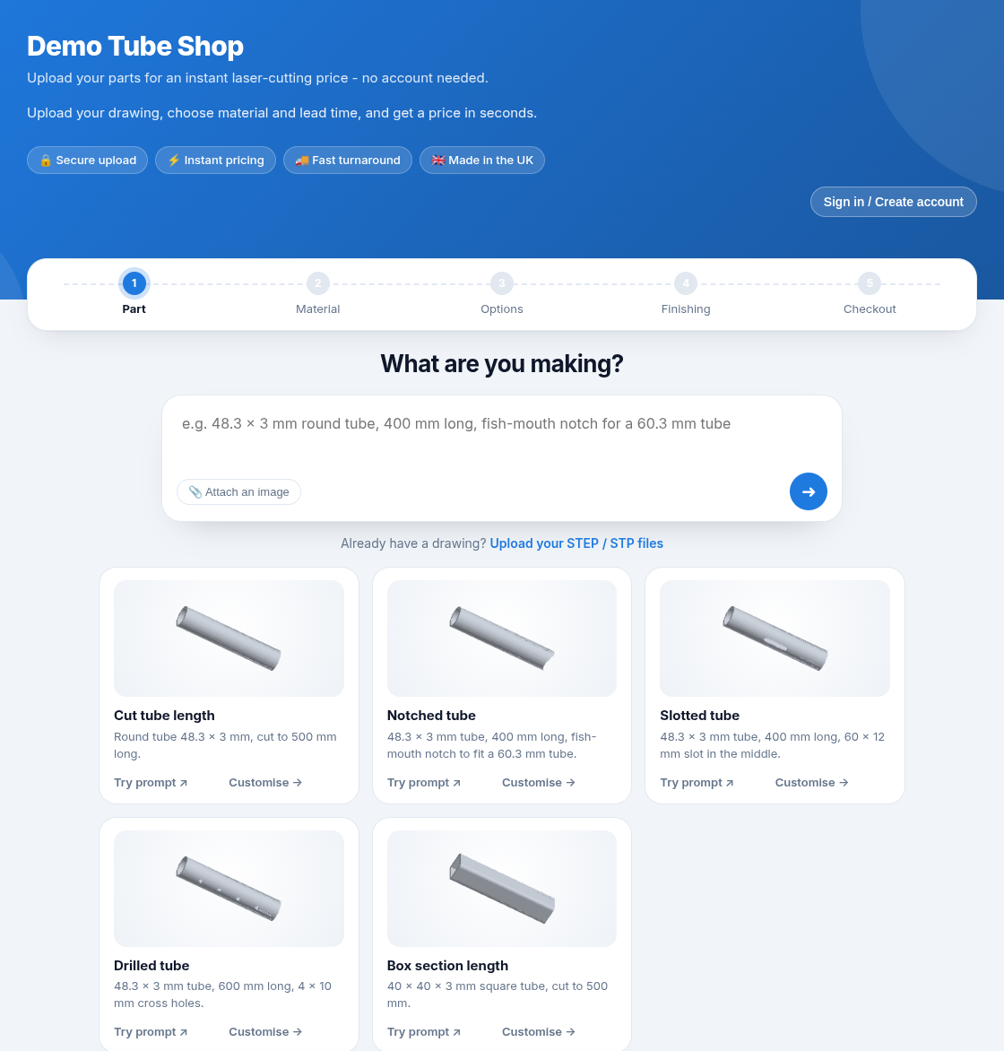 A tube storefront start page with tube templates