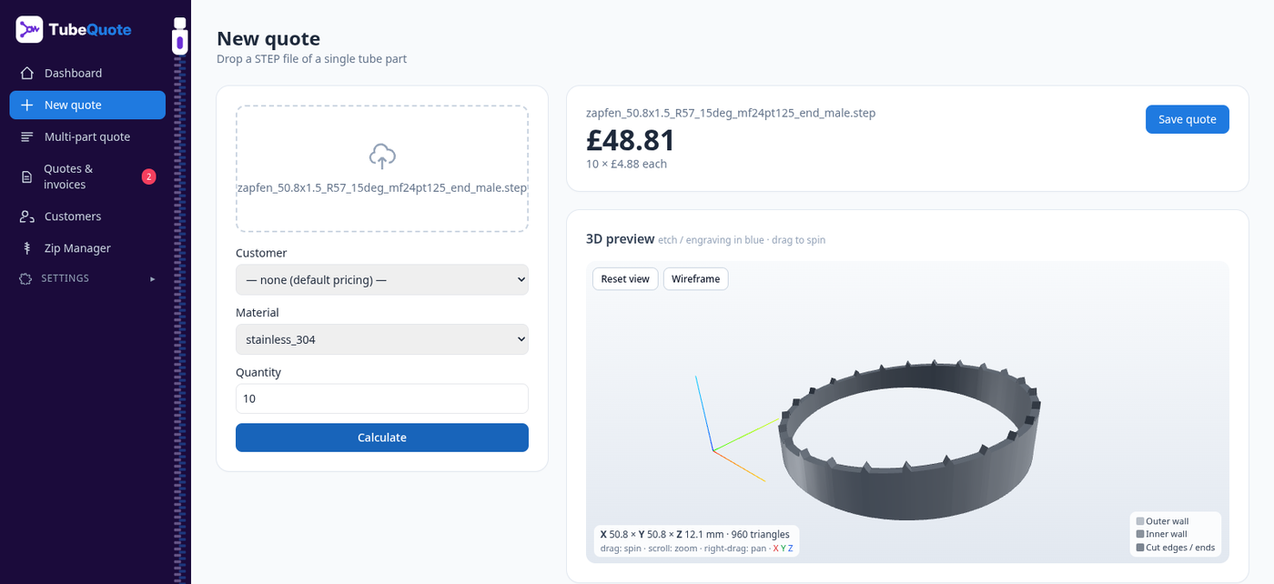 TubeQuote new quote with price and 3D preview of a demo tube part